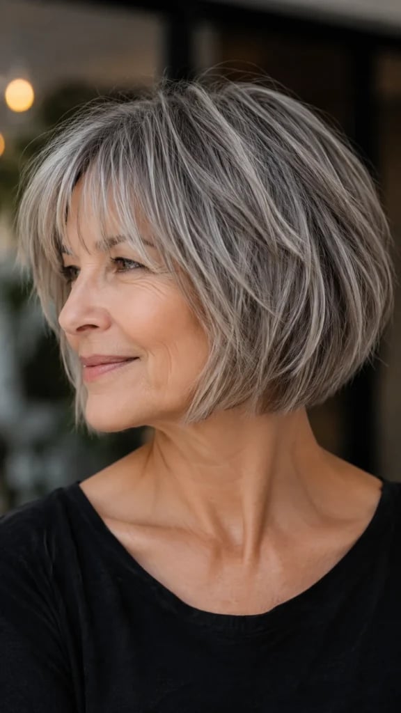 Grey Bob Wispy Bangs Textured Layers Grey Bob Wispy Bangs Textured Layers — Classy Cut Bob