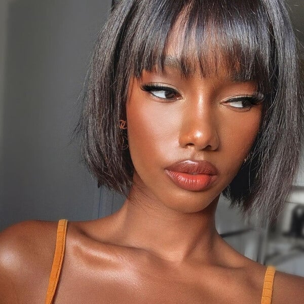 Chin-Length Bob With Blunt Bangs, Dark Brown Chin-Length Bob With Blunt Bangs, Dark Brown — Classy Cut Bob