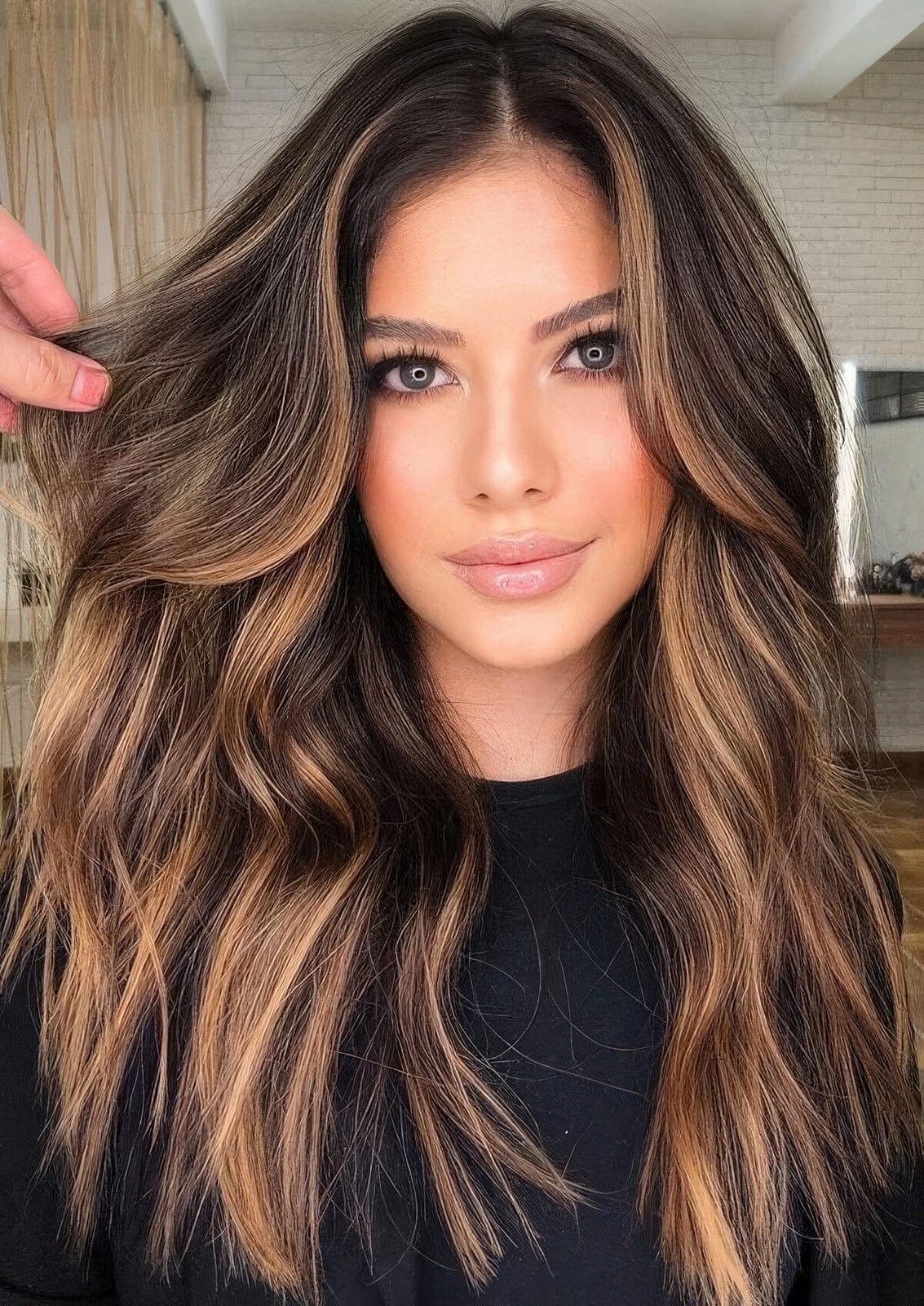 Mid-Back Layers With Face-Framing Balayage — Classy Dark Brown Hair with Blonde