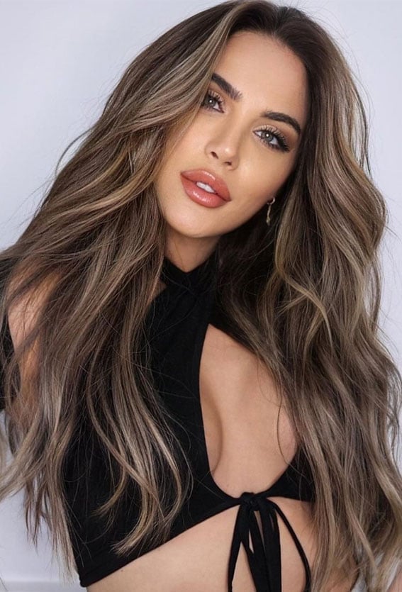 Mid-Back With Blonde Money Piece — Classy Dark Brown Hair with Blonde