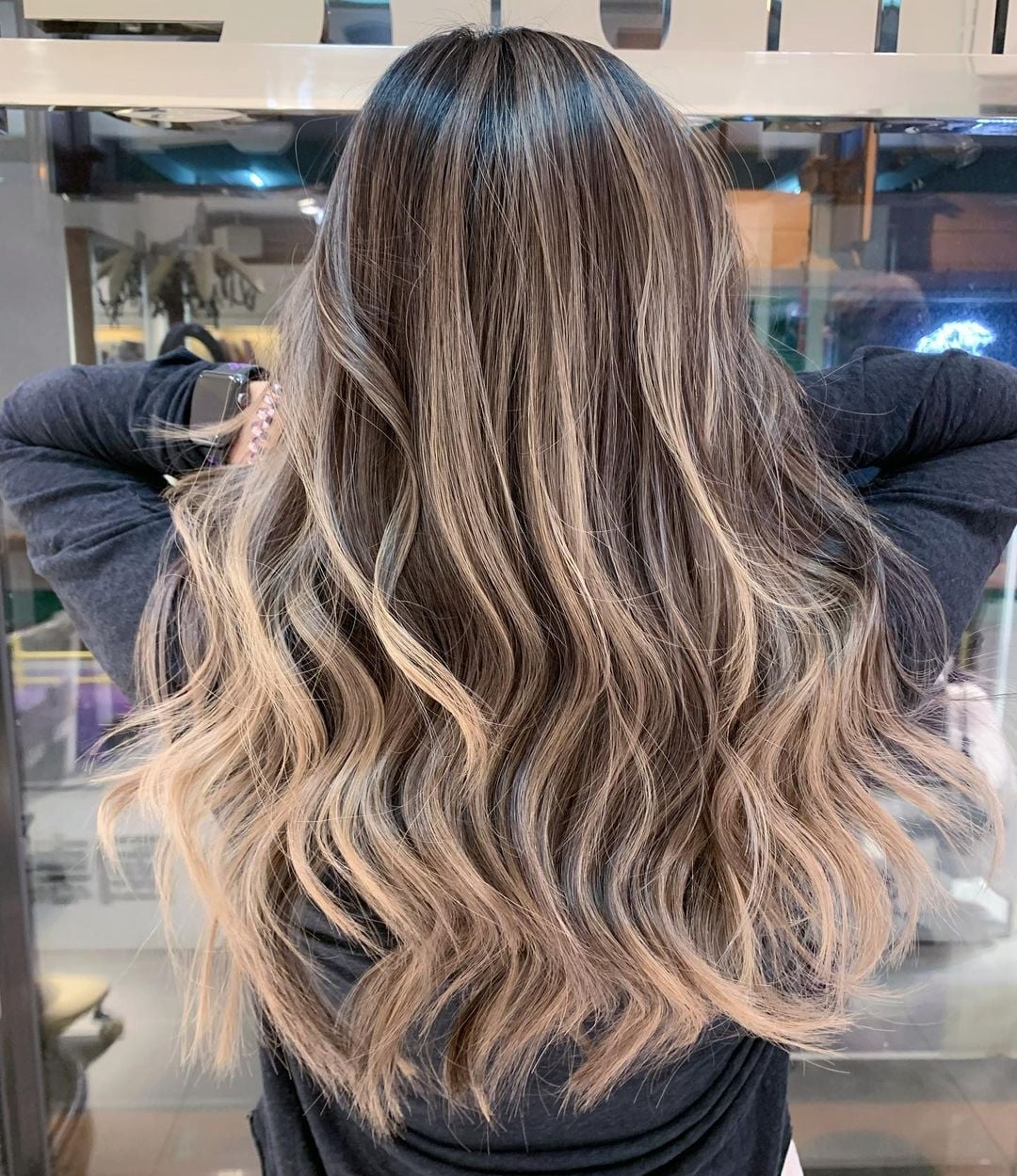 Mid-Back Dark Brown With Blended Balayage and Wavy Blowout — Classy Dark Brown Hair with Blonde