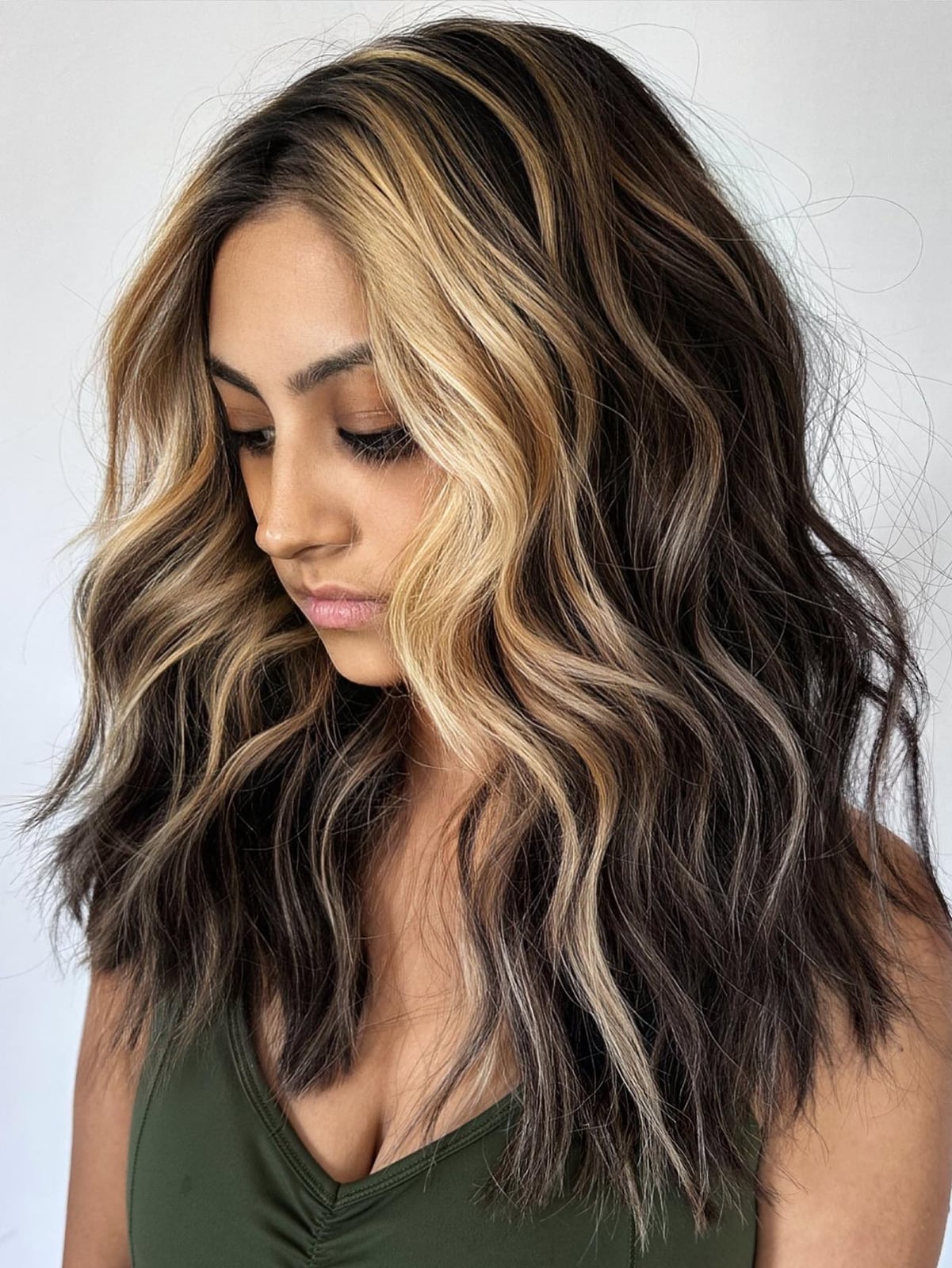 Mid-Back Dark Brown With Dimensional Highlights and Styled In Loose — Classy Dark Brown Hair with Blonde