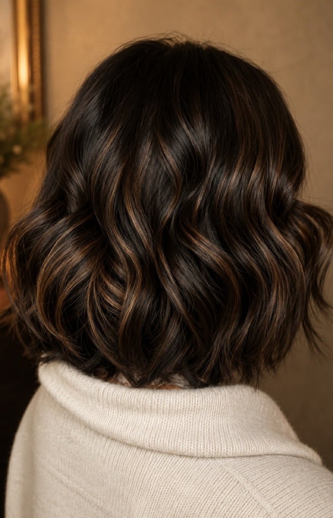 Rich Dimensional Brunette Bob | Dark Chocolate Brown Hair with Soft Caramel Highlights