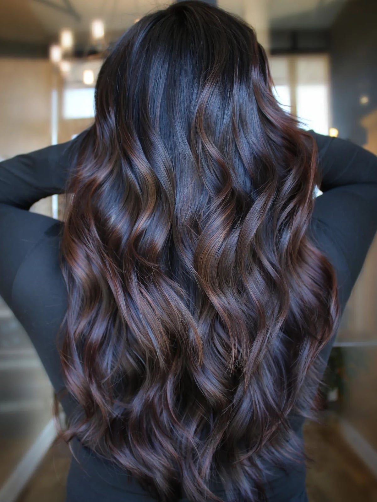 Mid-Back Dark Brown With Subtle Caramel Highlights, Wavy Mid-Back Dark Brown With Subtle Caramel Highlights, Wavy — Classy Dark Brown Hair with Caramel