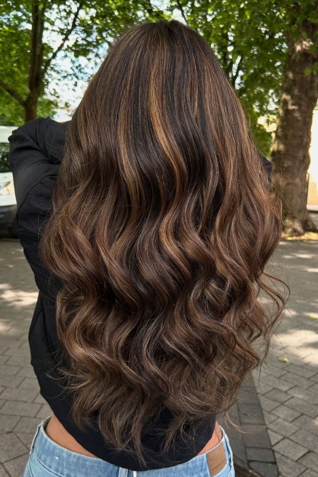 Mid-Back Dark Brown With Caramel Balayage Mid-Back Dark Brown With Caramel Balayage — Classy Dark Brown Hair with Caramel