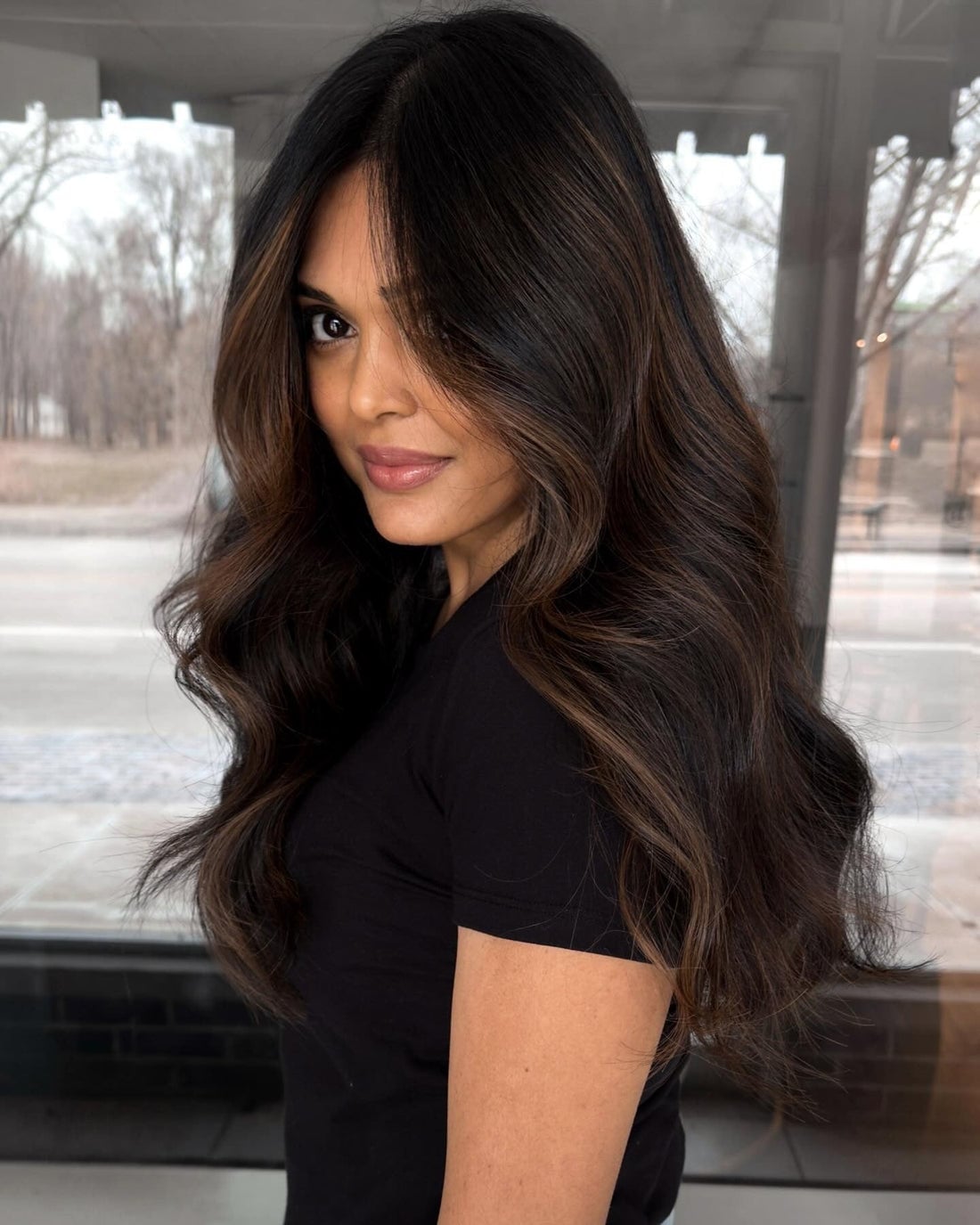 Mid-Back Dark Brown With Face Framing Layers Mid-Back Dark Brown With Face Framing Layers — Classy Dark Brown Hair with Caramel