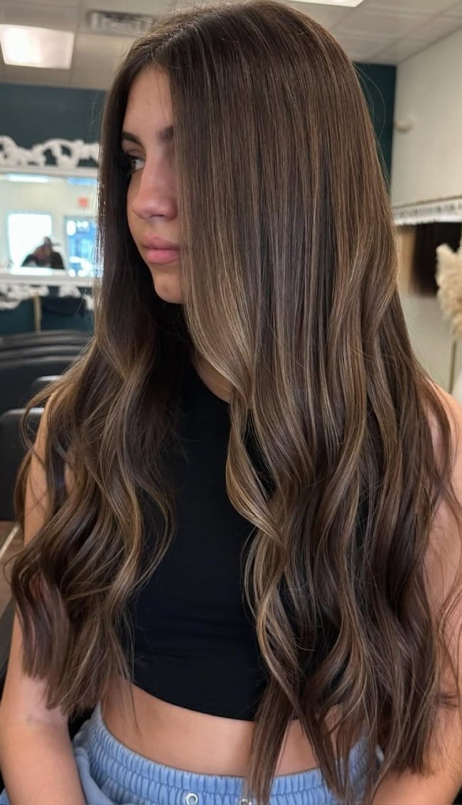 Long Dark Chocolate With Caramel Ribbons Long Dark Chocolate With Caramel Ribbons — Classy Dark Brown Hair with Caramel