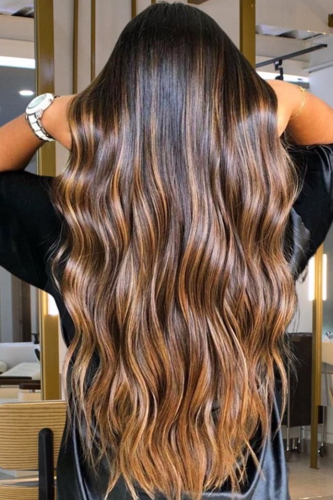 Mid-Back Dark Brown With Sunlit Balayage, Wavy Mid-Back Dark Brown With Sunlit Balayage, Wavy — Classy Dark Brown Hair with Caramel