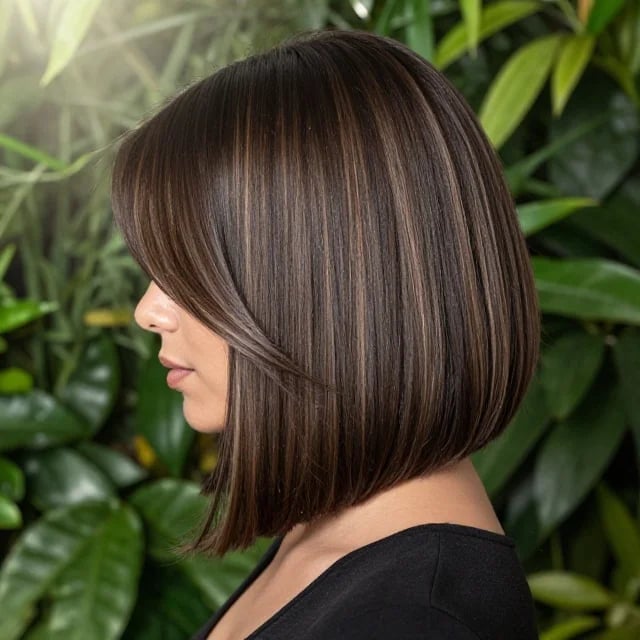 Chin Length Bob With Vertical Blonde And Caramel Highlights Chin Length Bob With Vertical Blonde And Caramel Highlights — Classy Dark Brown Highlights