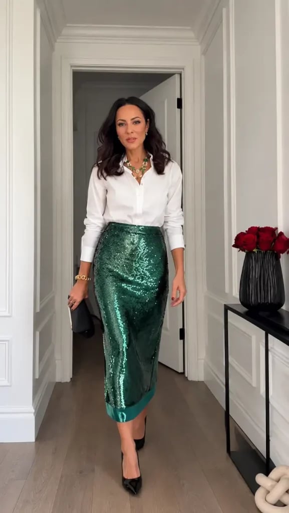 White Button-Down with Green Sequined Midi Skirt White Button-Down with Green Sequined Midi Skirt — Classy Dinner Outfits Classy