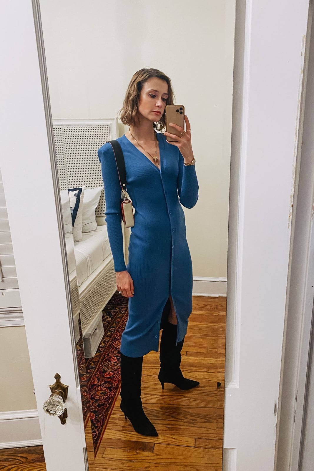 Blue Button-Front Knit Midi Dress Blue Button-Front Knit Midi Dress — Classy Dinner Outfits Classy