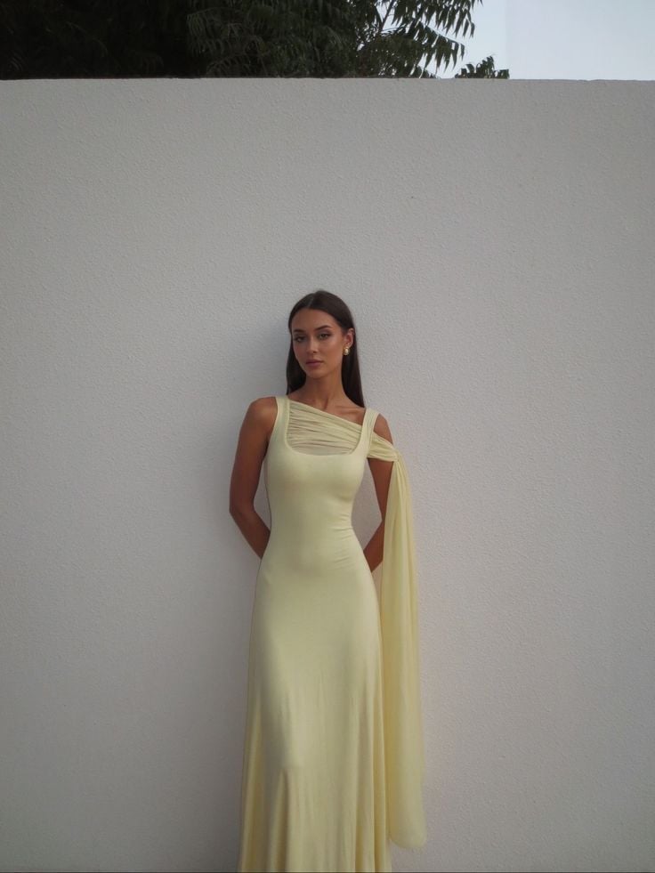 Pale Yellow Sleeveless Dress with Draped Shoulder Pale Yellow Sleeveless Dress with Draped Shoulder — Classy Dinner Outfits Classy