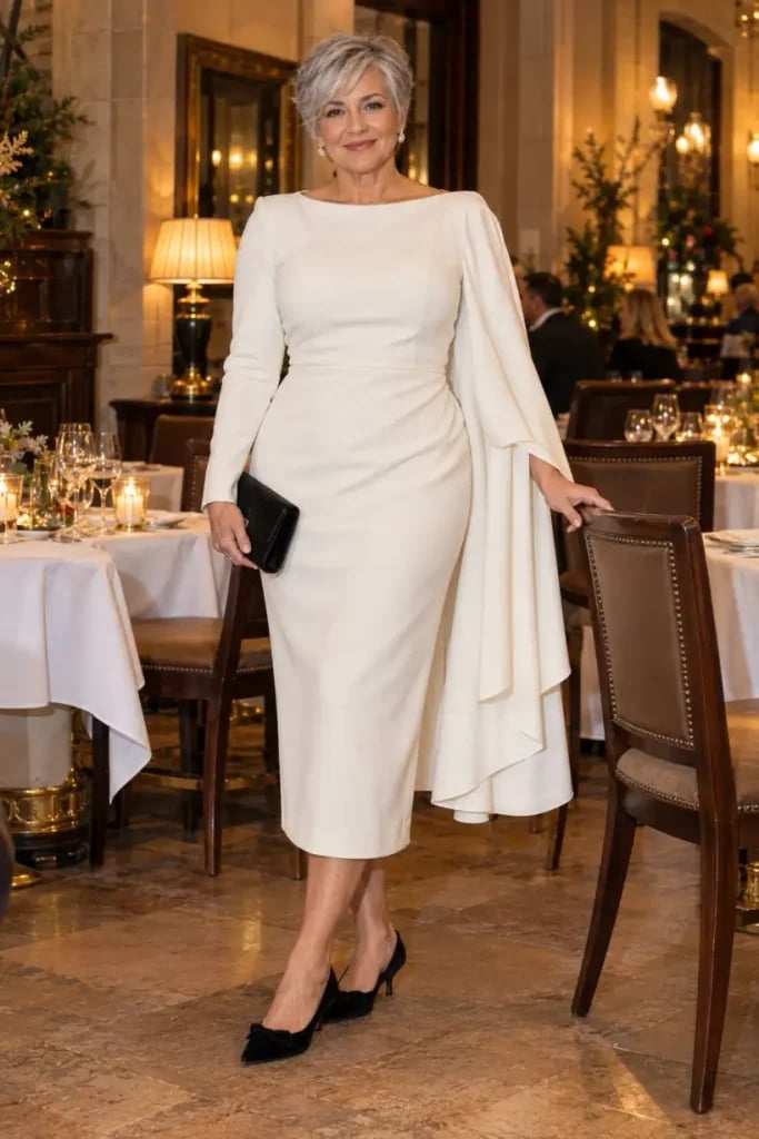 Ivory Midi Dress with Flowing Cape Sleeves Ivory Midi Dress with Flowing Cape Sleeves — Classy Dinner Outfits Classy