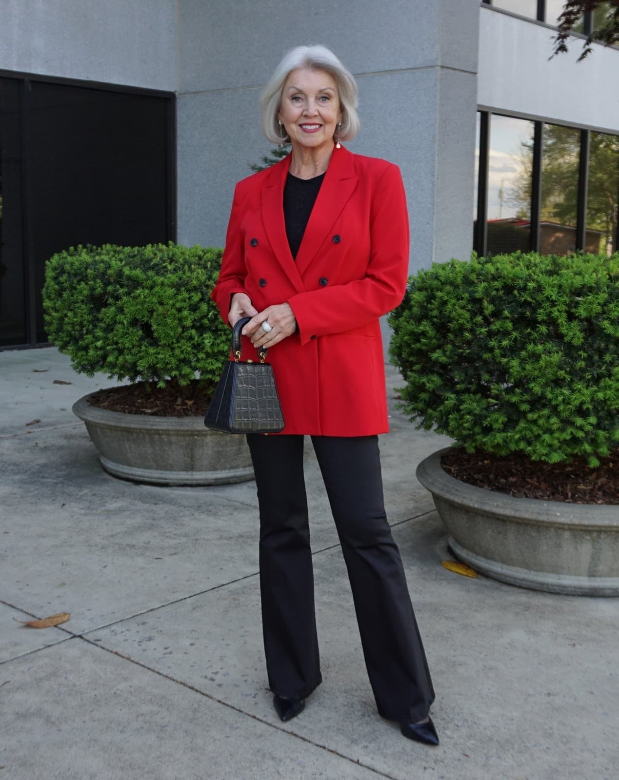 Red Double-Breasted Blazer with Black Trousers Red Double-Breasted Blazer with Black Trousers — Classy Dinner Outfits Classy