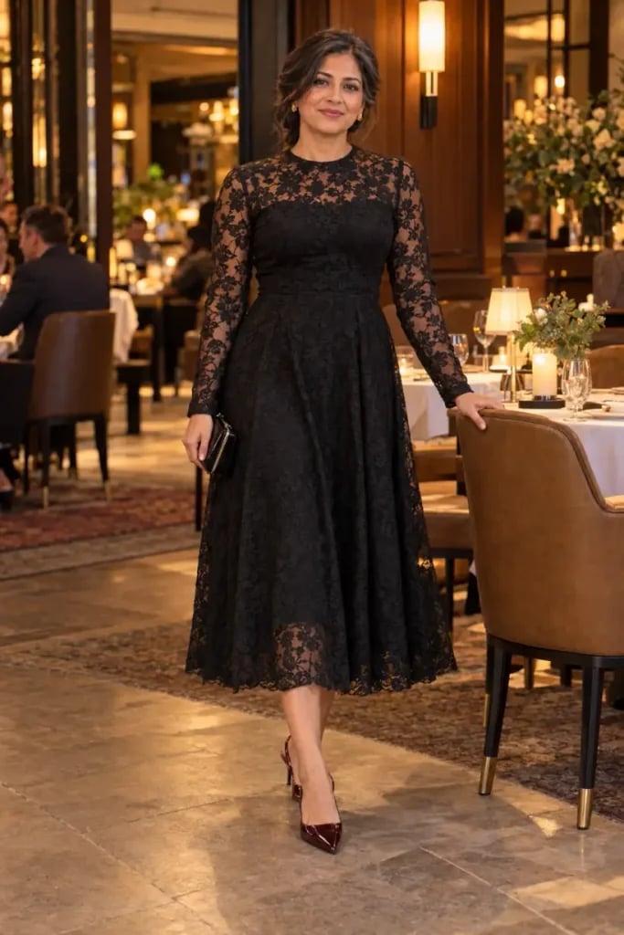 Black Lace Midi Dress with Long Sleeves Black Lace Midi Dress with Long Sleeves — Classy Dinner Outfits Classy