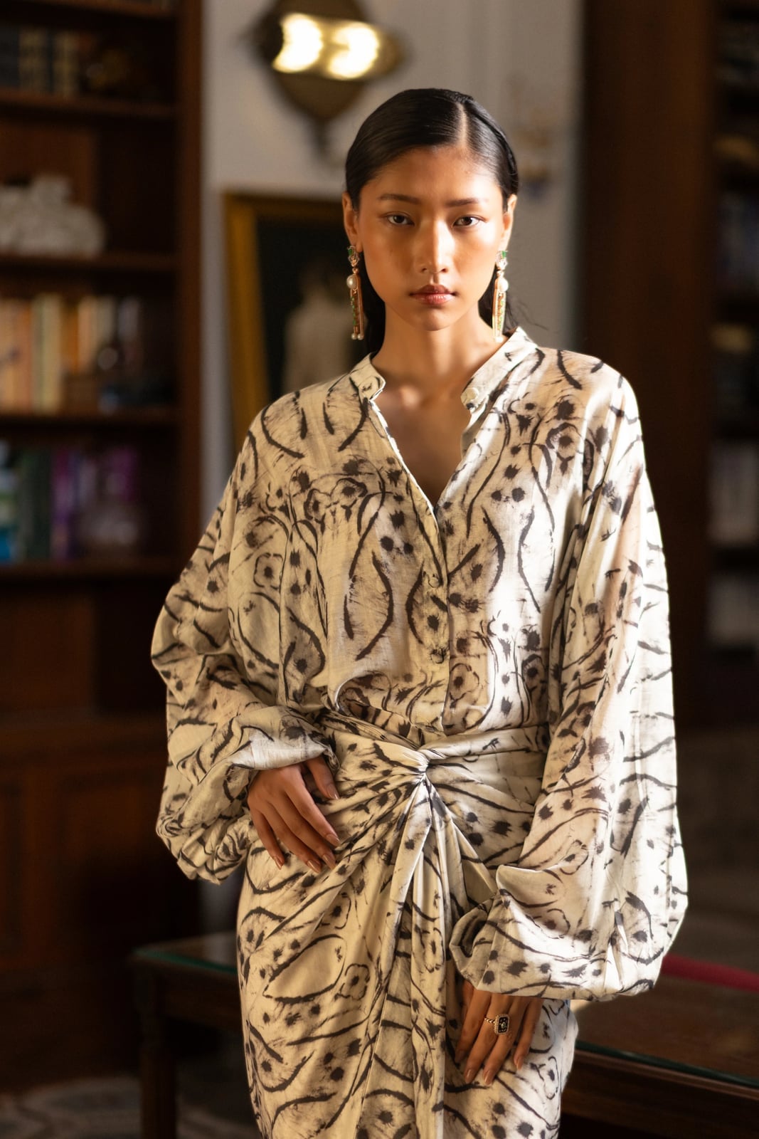 Cream Abstract Print Dress with Knotted Waist Cream Abstract Print Dress with Knotted Waist — Classy Dinner Outfits Classy