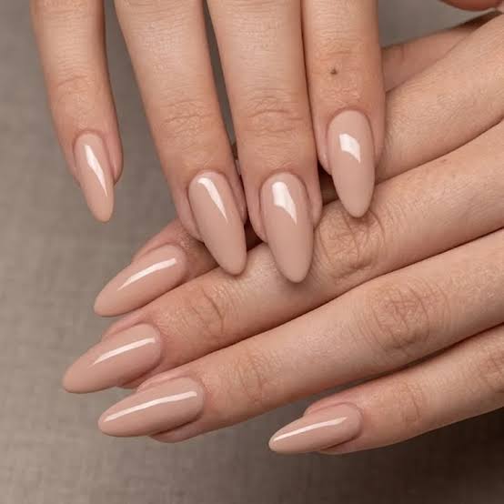 Shimmering Neutral Beige Almond Nails — Classy Dip Nails