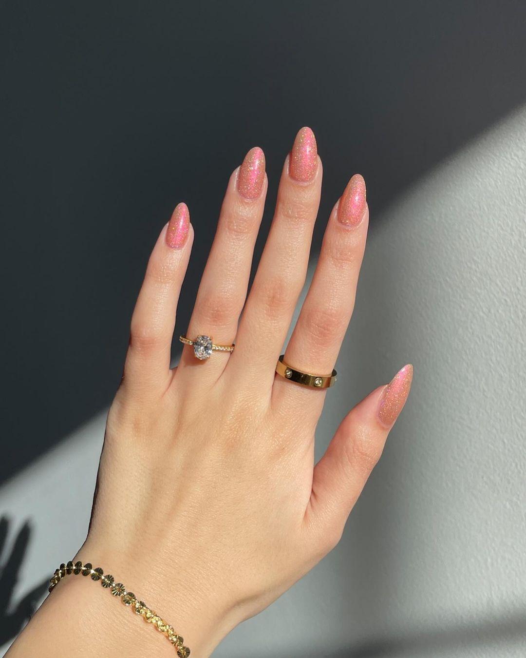 Pink Shimmer Almond Medium Length Nails — Classy Dip Nails