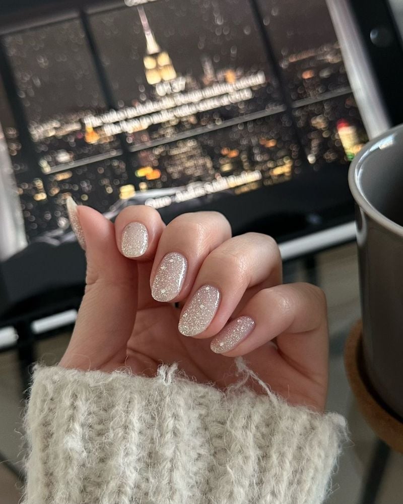 Sheer White Glitter Short Oval Nails — Classy Dip Nails