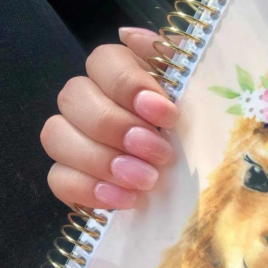 Glossy Sheer Pink Short Oval Nails — Classy Dip Nails