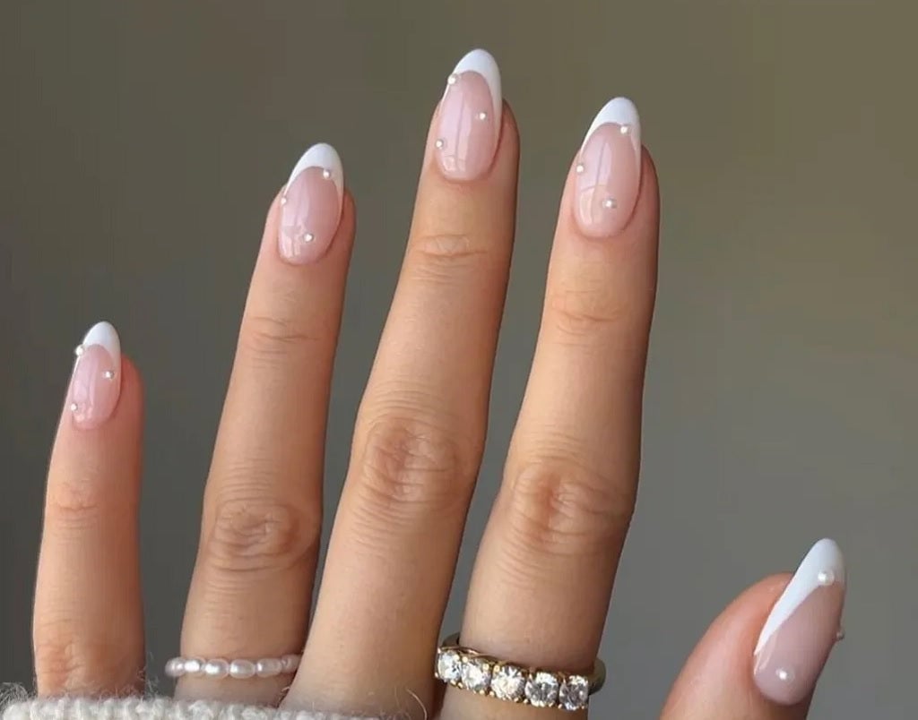 Pearl Adorned Nude White French Oval Nails — Classy Dip Nails