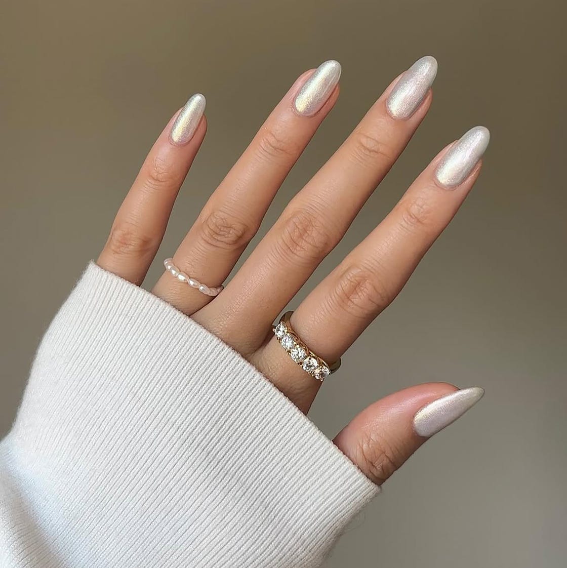 Pearlescent White Almond Medium Length Nails — Classy Dip Nails