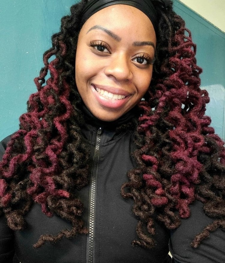 Shoulder-Length Curly Locs With Burgundy Tips Shoulder-Length Curly Locs With Burgundy Tips — Classy Down Locs