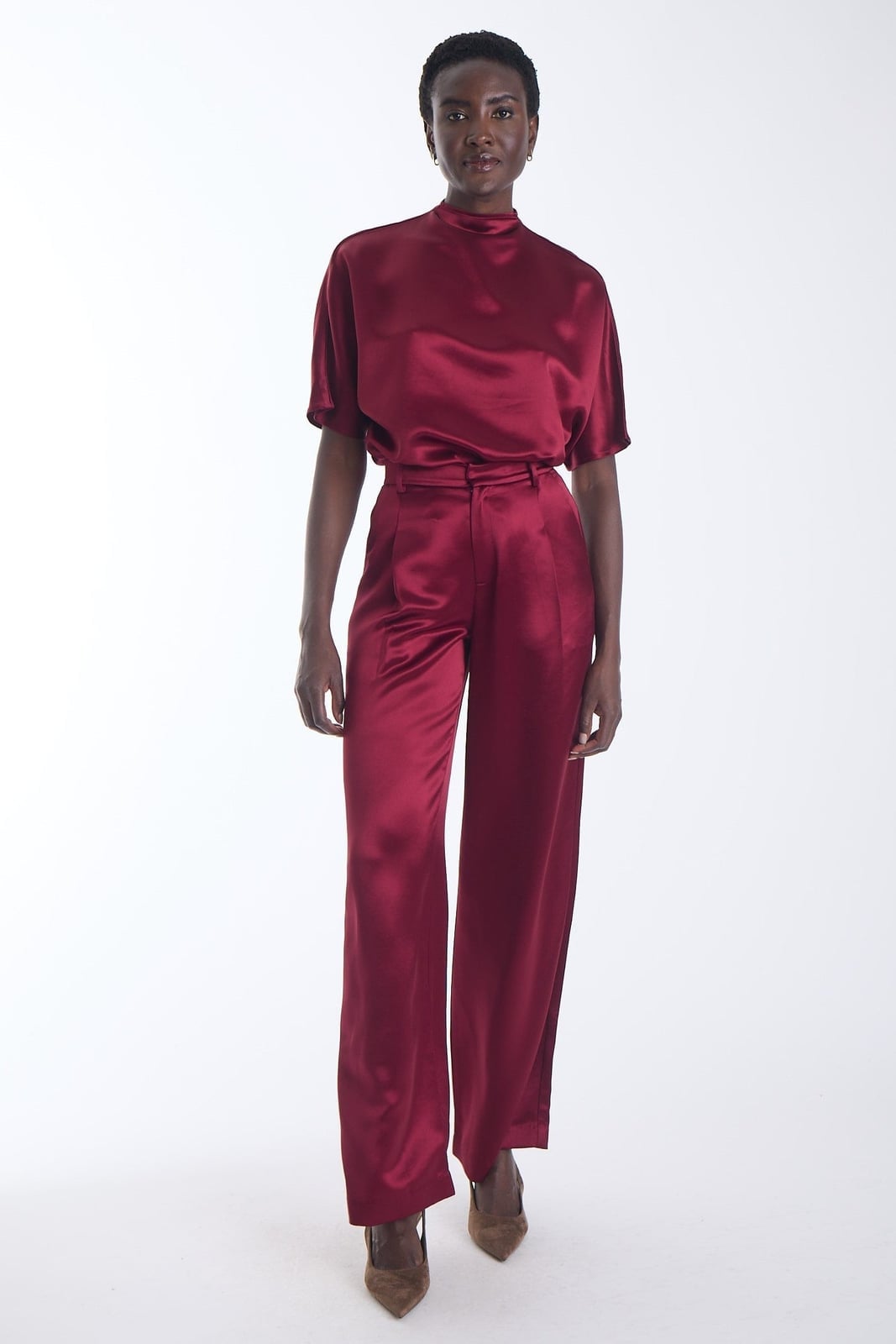 Red Satin Wide Leg Pants with High Neck Top — Classy Dress Pants Outfit Women