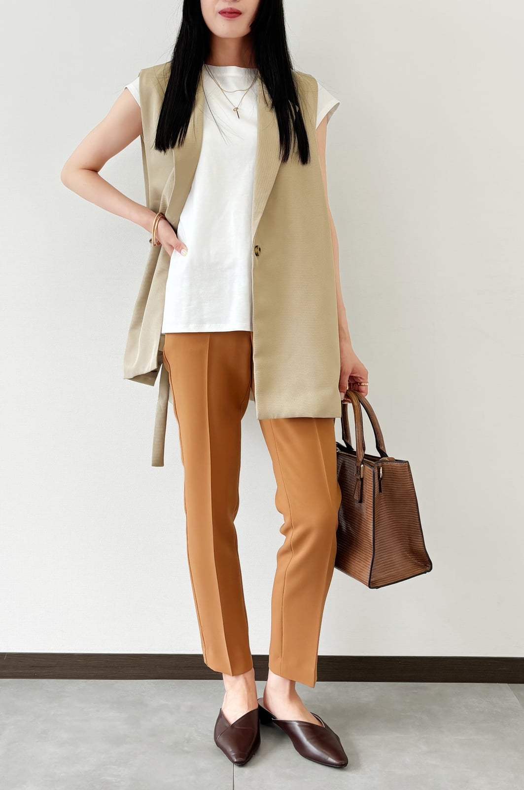 Tan Straight Leg Pants with Sleeveless Vest — Classy Dress Pants Outfit Women