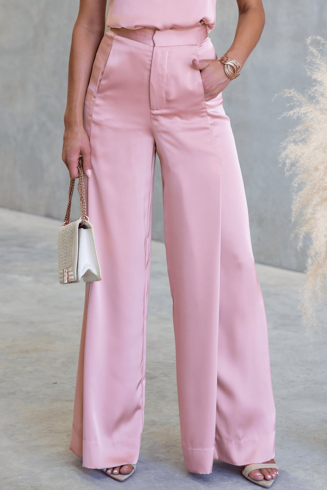 Pink Satin Wide Leg Palazzo Pants — Classy Dress Pants Outfit Women