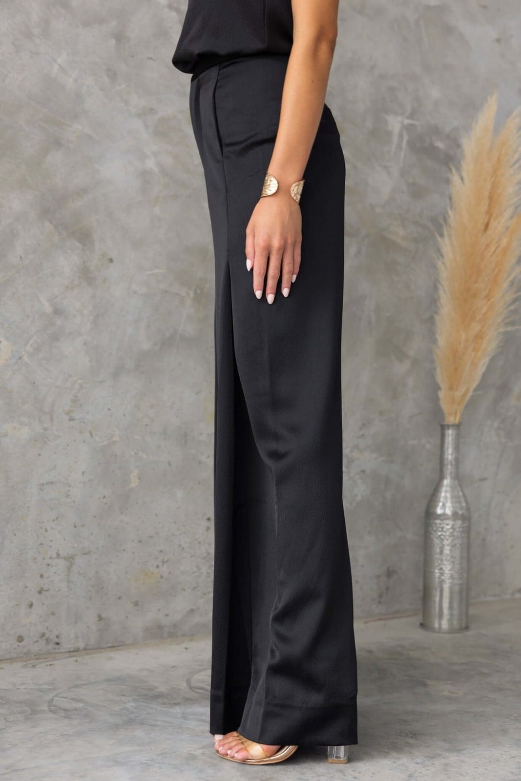 Black Satin Wide Leg Pants with Sleeveless Top — Classy Dress Pants Outfit Women