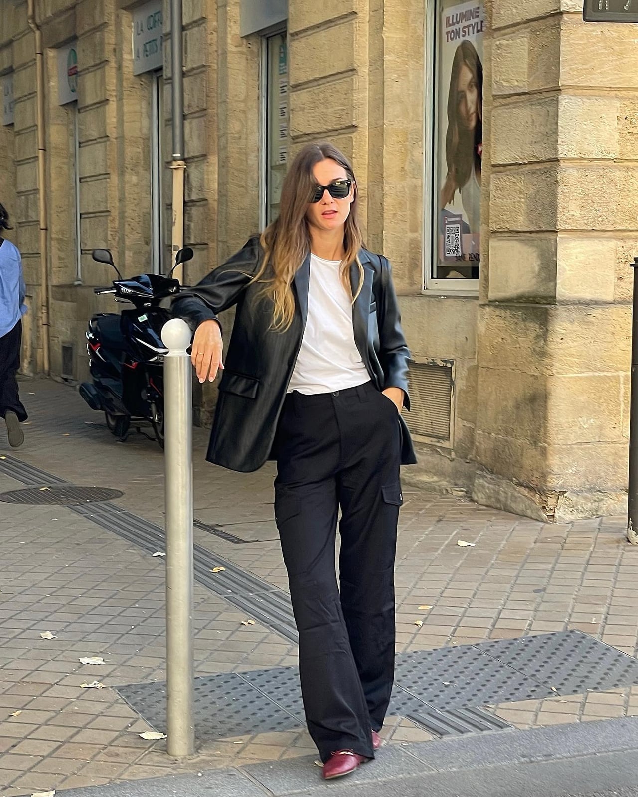 Black Cargo Wide Leg Pants with Faux Leather Blazer — Classy Dress Pants Outfit Women