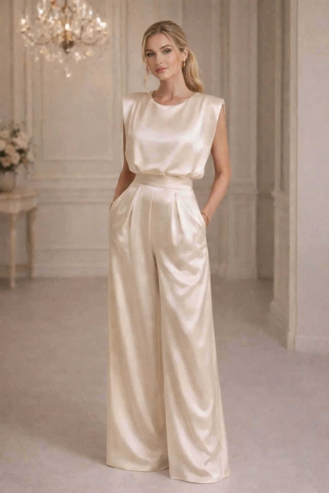 Ivory Satin Wide Leg Jumpsuit — Classy Dress Pants Outfit Women