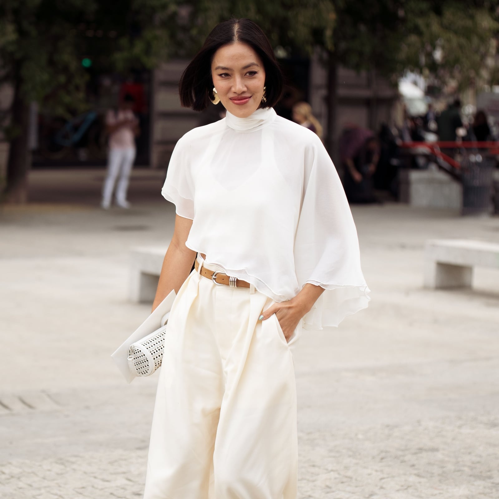 Ivory Linen Pants with Flowy Silk Blouse — Classy Dress Pants Outfit Women