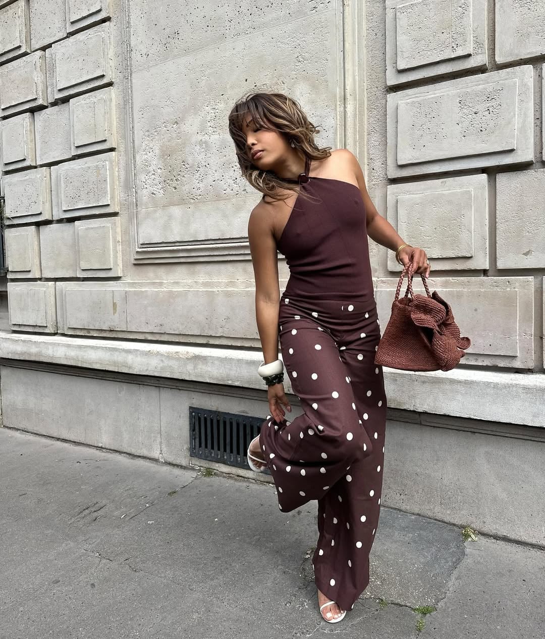 Polka Dot Wide Leg Pants with Halter Top — Classy Dress Pants Outfit Women