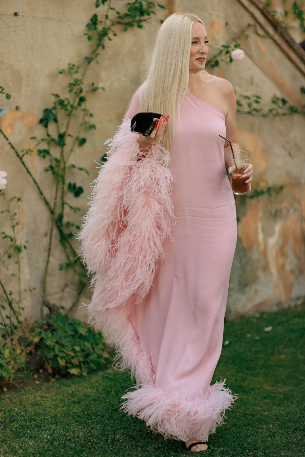 Pink One-Shoulder Maxi Dress with Feather Trim Pink One-Shoulder Maxi Dress with Feather Trim — Classy Dress Up Day Ideas