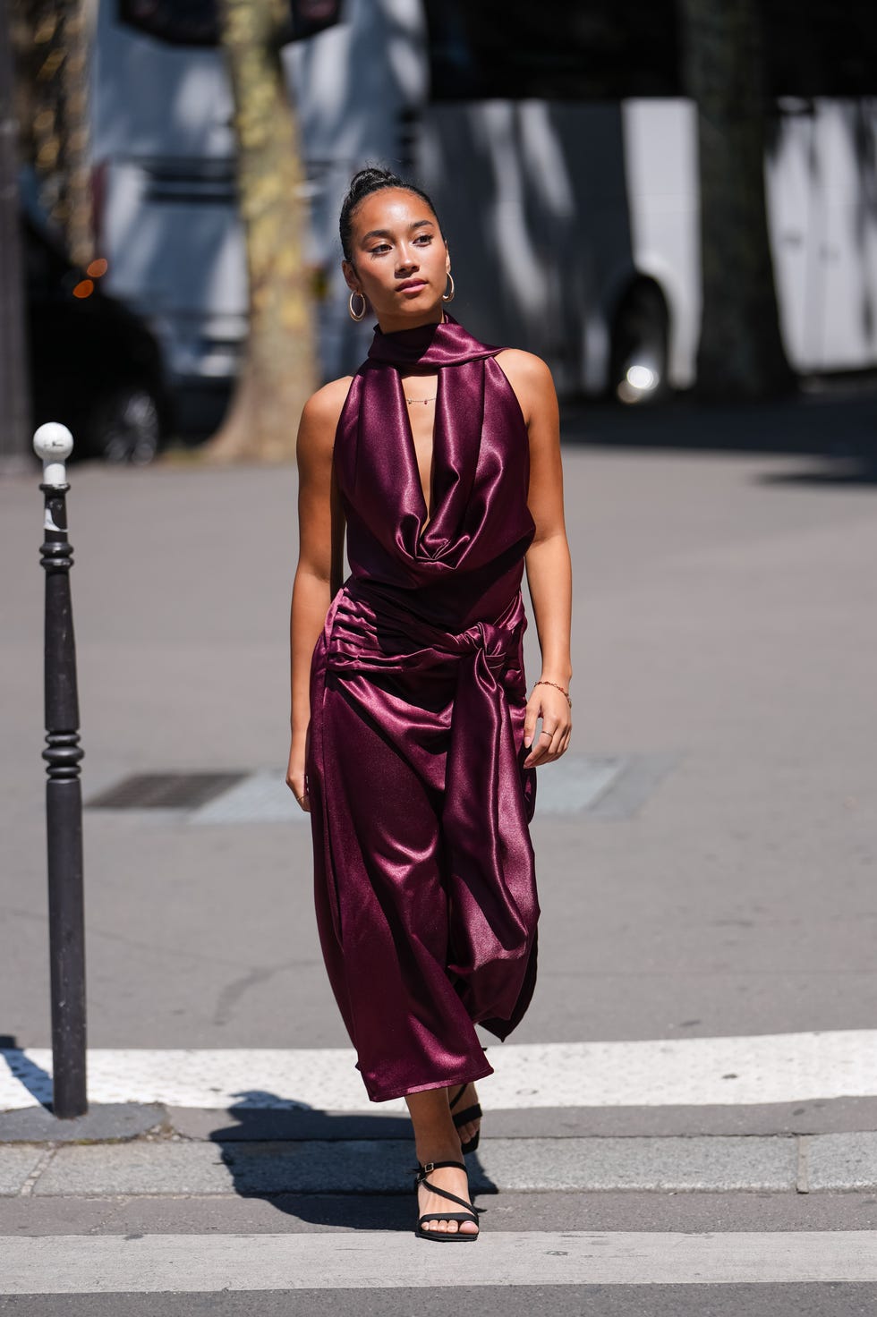 Draped Purple Satin Halter Dress for Day Events Draped Purple Satin Halter Dress for Day Events — Classy Dress Up Day Ideas