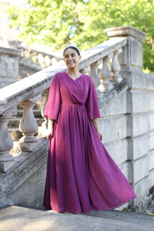 Purple Chiffon Wrap Dress with Dramatic Sleeves Purple Chiffon Wrap Dress with Dramatic Sleeves — Classy Dress Up Day Ideas