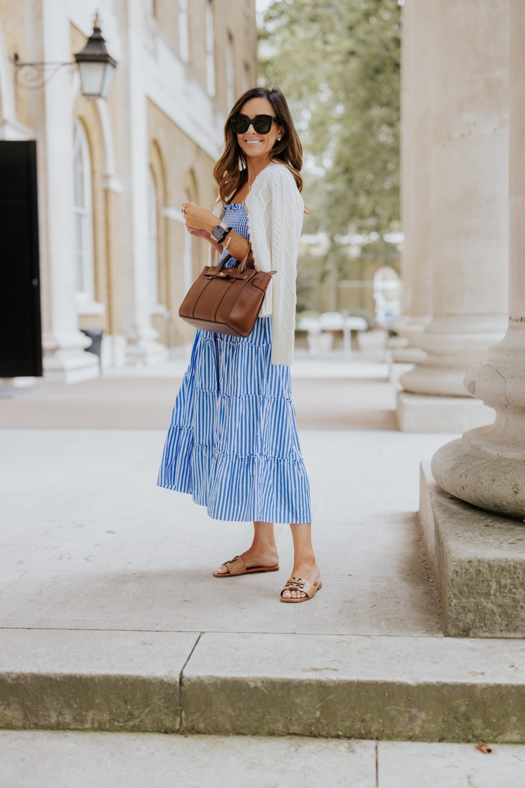 Tiered Striped Midi Dress with Cardigan Layer Tiered Striped Midi Dress with Cardigan Layer — Classy Dress Up Day Ideas