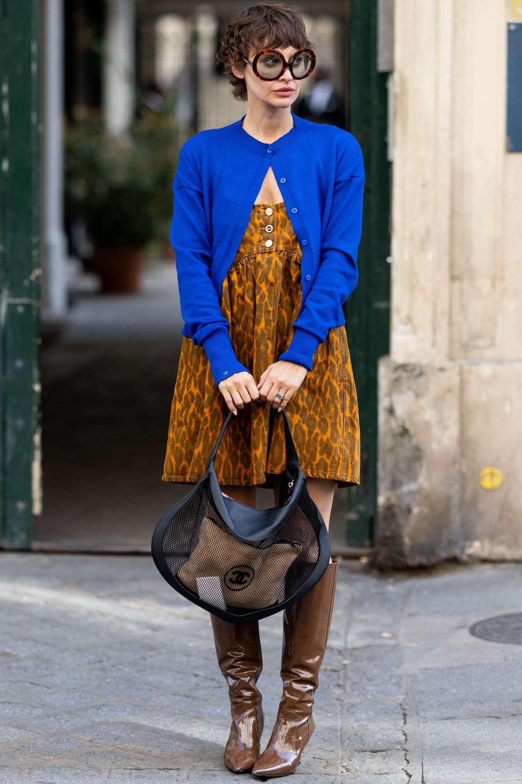 Royal Blue Cardigan Over Leopard Print Mini Dress Royal Blue Cardigan Over Leopard Print Mini Dress — Classy Dress with Cardigan