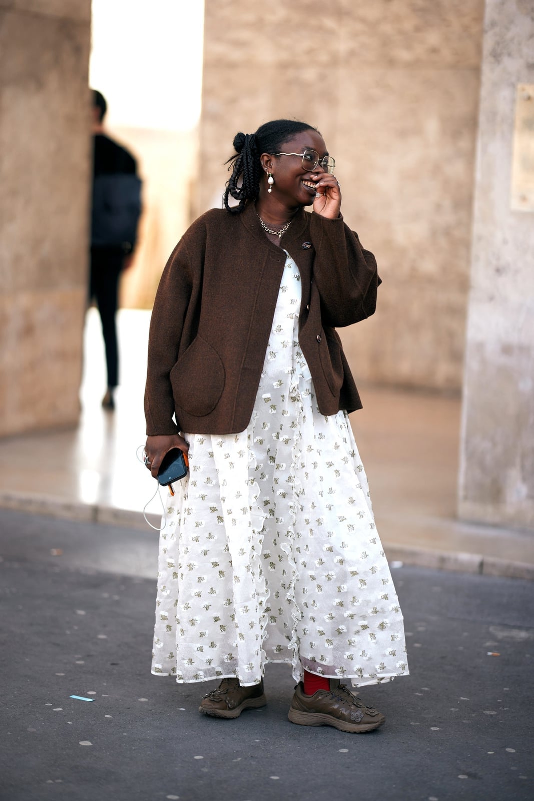 Brown Cropped Jacket Over White Floral Print Midi Dress Brown Cropped Jacket Over White Floral Print Midi Dress — Classy Dress with Cardigan