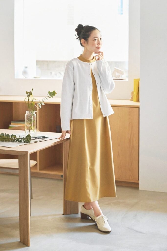 White Quilted Knit Cardigan Over Mustard Yellow Midi Dress White Quilted Knit Cardigan Over Mustard Yellow Midi Dress — Classy Dress with Cardigan