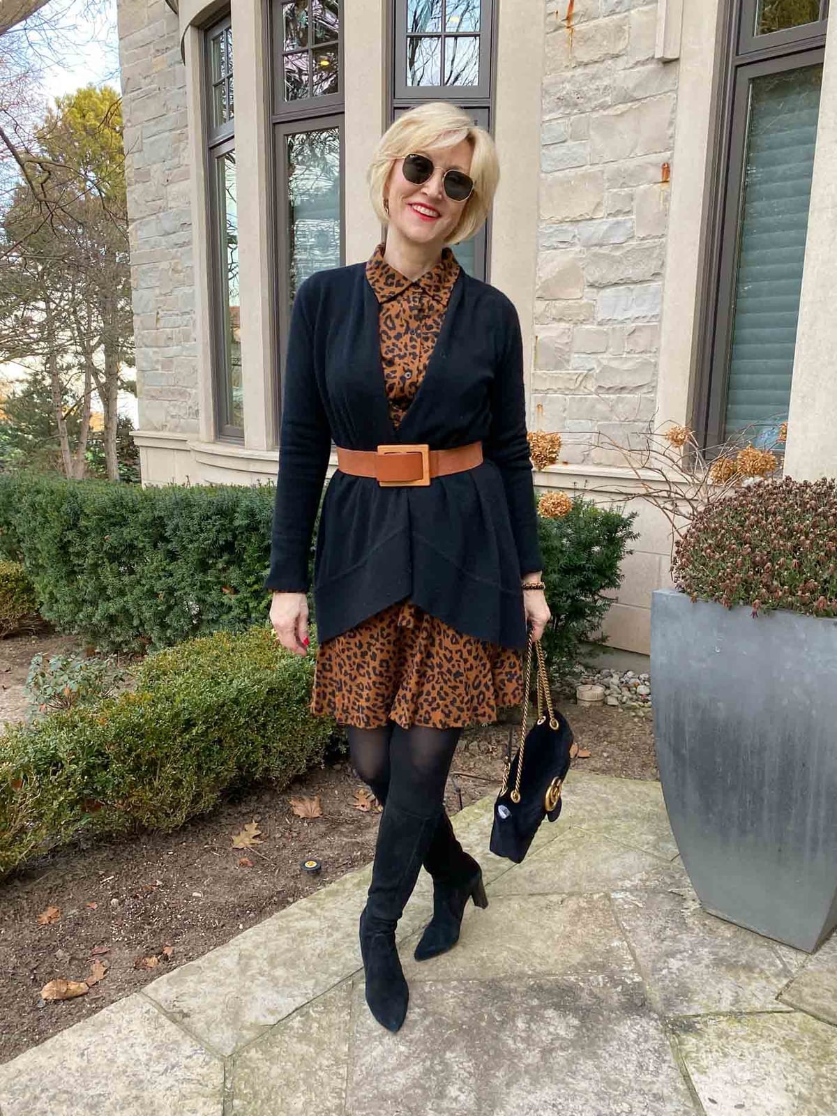 Black Longline Cardigan Over Leopard Print Fit and Flare Dress Black Longline Cardigan Over Leopard Print Fit and Flare Dress — Classy Dress with Cardigan