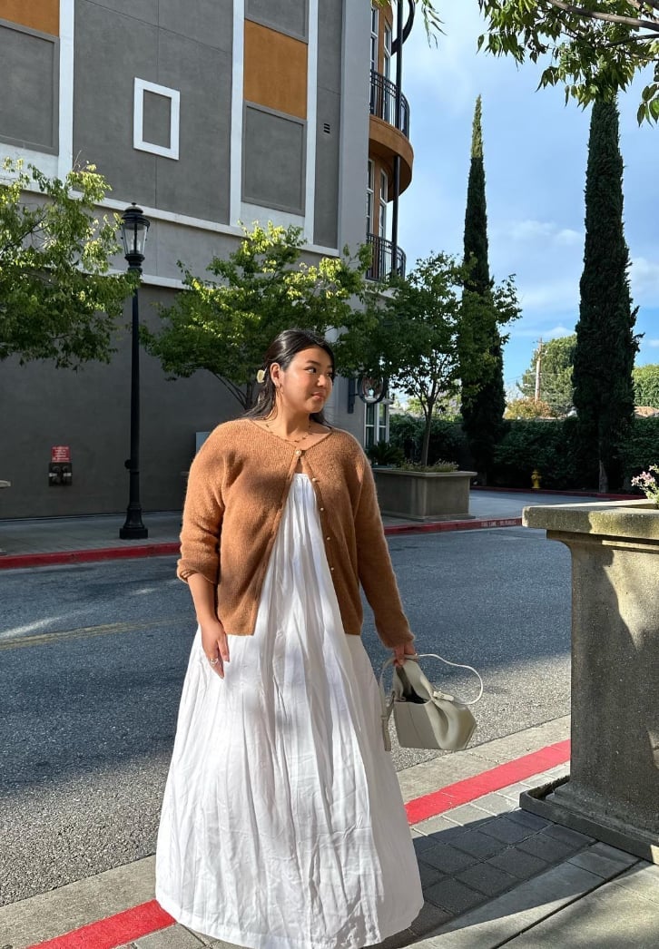 Brown Fluffy Knit Cardigan Over White Cotton Gauze Maxi Dress Brown Fluffy Knit Cardigan Over White Cotton Gauze Maxi Dress — Classy Dress with Cardigan