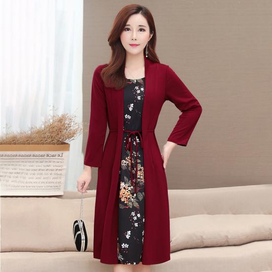 Maroon Cardigan Over Black Floral Print Midi Dress Maroon Cardigan Over Black Floral Print Midi Dress — Classy Dress with Cardigan