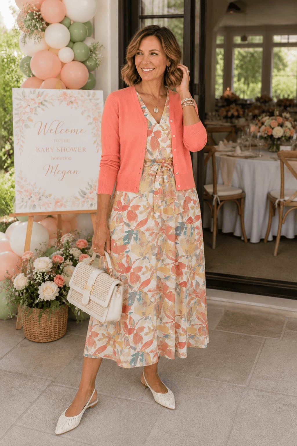 Coral Cardigan Over Floral Print Midi Dress Coral Cardigan Over Floral Print Midi Dress — Classy Dress with Cardigan