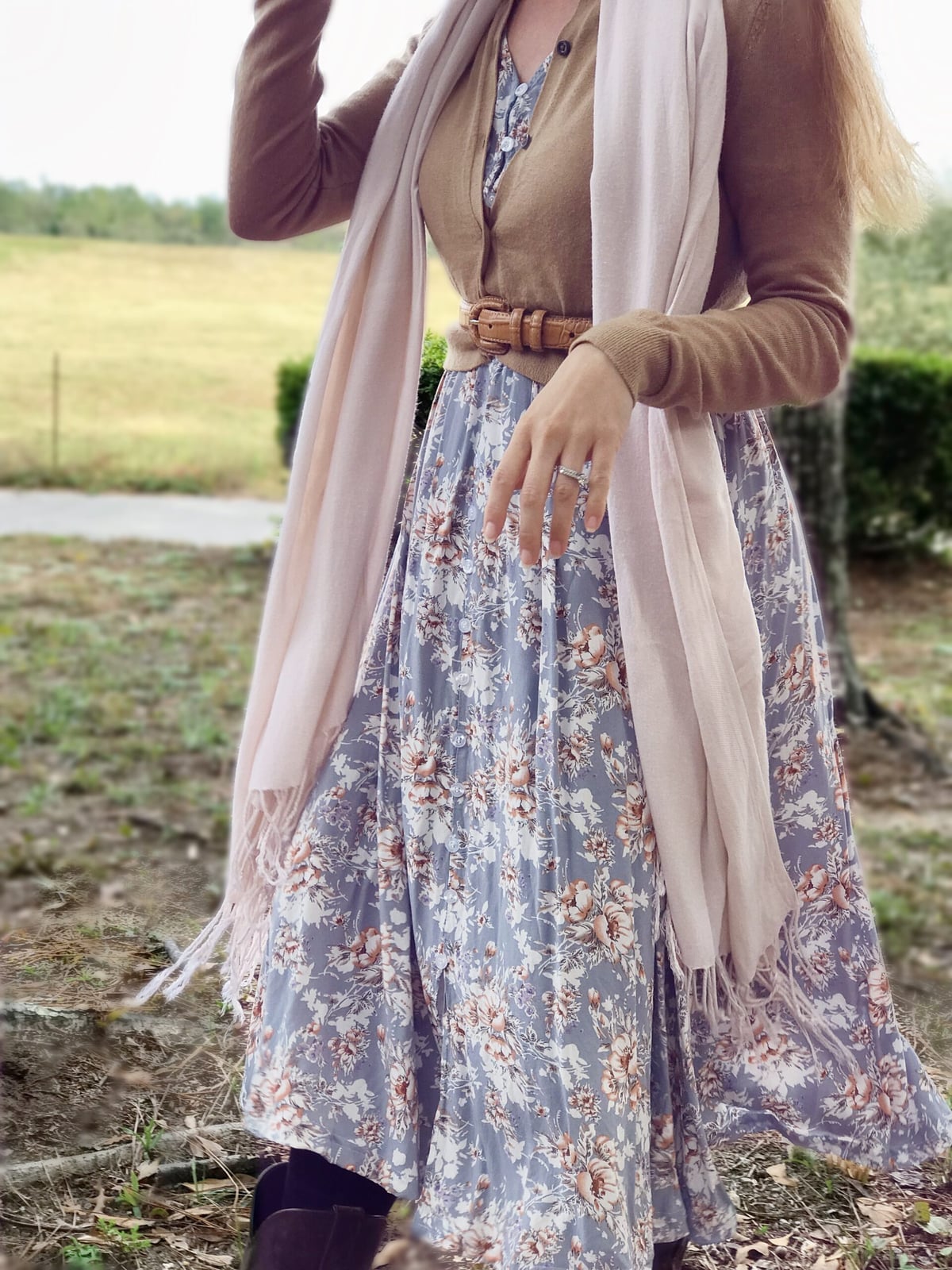 Tan Knit Cardigan Over Blue Floral Print Midi Dress Tan Knit Cardigan Over Blue Floral Print Midi Dress — Classy Dress with Cardigan