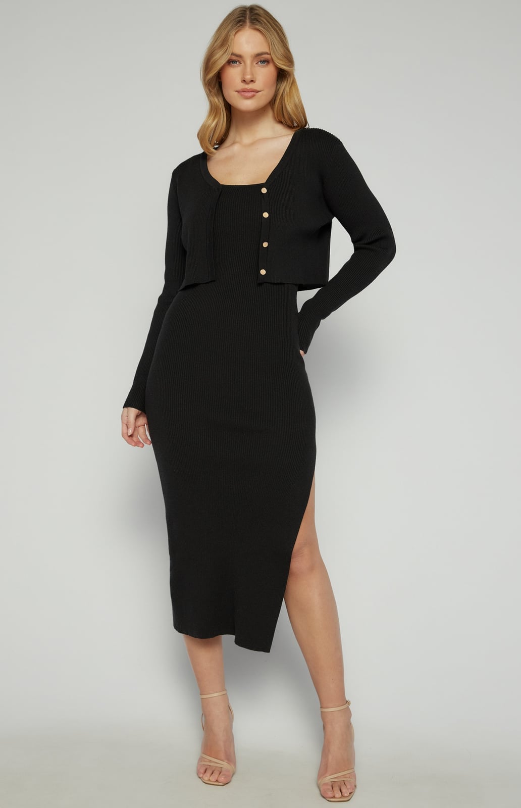 Black Cropped Cardigan with Black Ribbed Knit Midi Dress Black Cropped Cardigan with Black Ribbed Knit Midi Dress — Classy Dress with Cardigan