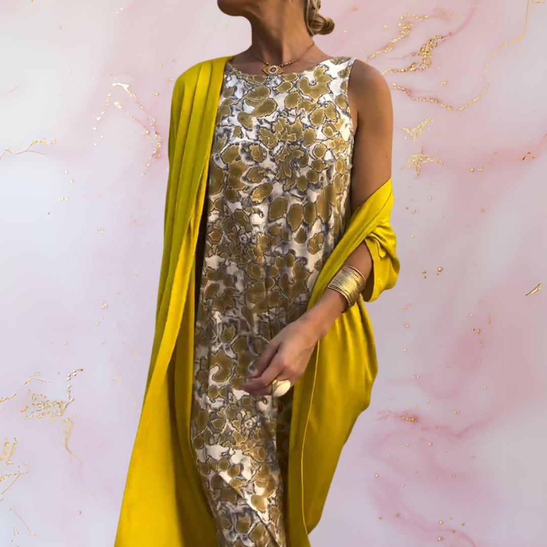 Yellow Longline Cardigan Over Gold and White Floral Print Midi Dress Yellow Longline Cardigan Over Gold and White Floral Print Midi Dress — Classy Dress with Cardigan