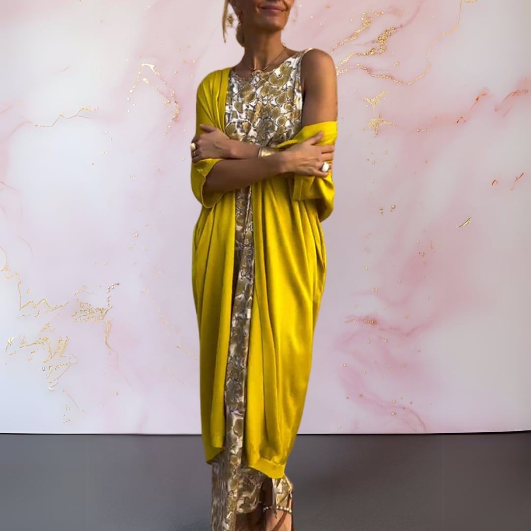 Yellow Open-Front Cardigan Over Patterned Sleeveless Dress Yellow Open-Front Cardigan Over Patterned Sleeveless Dress — Classy Dress with Cardigan